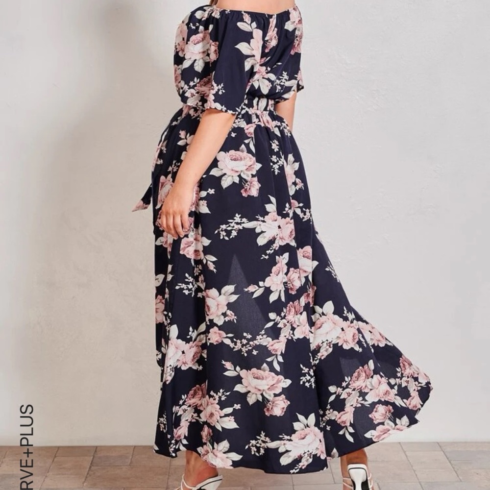 SHEIN PLUS OFF SHOULDER FLORAL TOP AND BELTED SHORTS WITH SKIRT SET